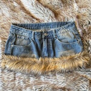Blue Denim Mini Skirt with Faux Fur Hem